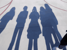 a group of people are standing in a row and their shadows are on the ground