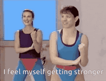 a man and a woman are doing exercises in a gym and the man says i feel myself getting stronger