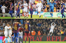 a collage of soccer players on a field with a sign that says replay replica