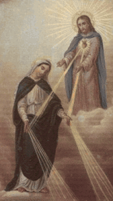 a painting of jesus and a woman with rays of light coming out of her hands