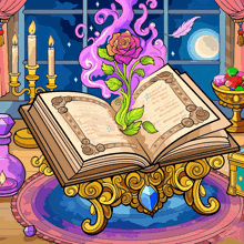 a cartoon drawing of an open book with a flower coming out of it