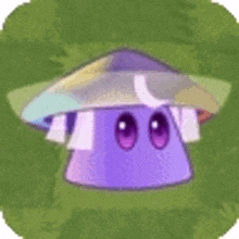 a purple mushroom with purple eyes and a clear hat is standing on a green field .