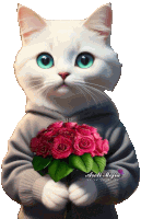 a white cat is holding a bouquet of pink roses