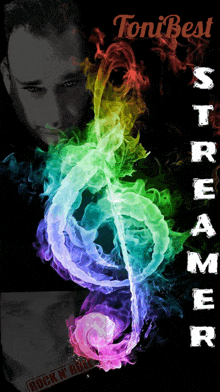 a poster for toni best streamer with a treble clef in the middle