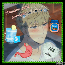 a picture of a boy with stomach ache and tums