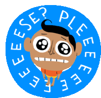 a blue circle with a cartoon character and the words please