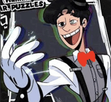 a cartoon of a man wearing a hat and suspenders