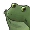 a cartoon frog is waving its hand in the air on a white background .