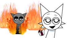 a cartoon cat holding a lighter next to a fire