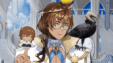a man with glasses and a crown holds a black bird on his shoulder
