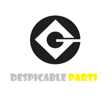 a logo for despicable part with a g in a circle on a white background