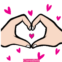 a cartoon drawing of two hands making a pink heart with claireabella written below it