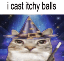 a cat wearing a wizard hat and holding a wand with the words i cast itchy balls below it