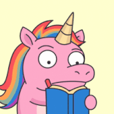 a cartoon unicorn is reading a book with a pencil in its mouth