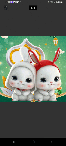 two white rabbits with red ears on a phone screen