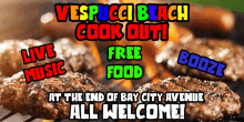 a vespucci beach cook out advertisement with a picture of food