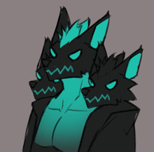 a drawing of a monster with three faces and a turquoise body