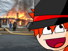 a cartoon of a man in a top hat looking at a burning house