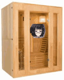 there is a picture of a girl in a wooden sauna .