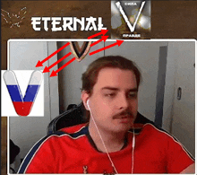 a man wearing ear buds is sitting in front of a sign that says eternal v.