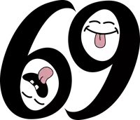 a cartoon drawing of the number 69 with two faces sticking out their tongues