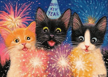 three cats are watching fireworks in a painting while wearing a happy new year hat .