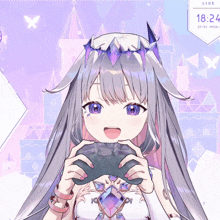 a girl with purple eyes and a crown on her head is holding a video game controller