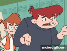 two cartoon characters are standing in front of lockers and one of them is making a funny face .