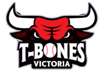 a logo for t-bones victoria with a bull and a baseball