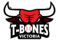 a logo for t-bones victoria with a bull and a baseball