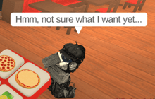 a person in a video game with a speech bubble that says hmm not sure what i want yet