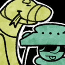 a yellow dog and a green dog are standing next to each other in a cartoon .