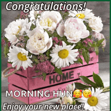 congratulations message with flowers in a pink box