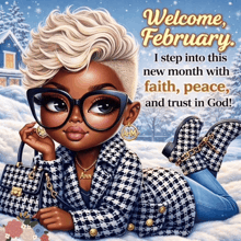 a cartoon of a woman laying in the snow with the words welcome february on it