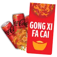 three cans of coca cola zero sugar next to a gong xi fa cai card
