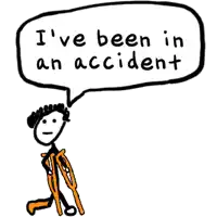 a stick figure with crutches and a speech bubble that says ' i 've been in an accident '