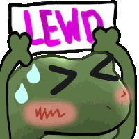 a green frog is holding up a sign that says lewd