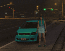 a woman with blue hair stands in front of a car with a sign that says rockford mills in the background