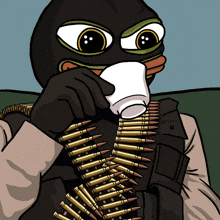 a cartoon of a man wearing a mask drinking from a cup with bullets around his neck