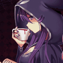 a girl with purple hair is holding a cup of bloody tea