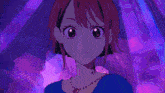 a cartoon girl with red hair and a necklace is standing in front of a purple background .