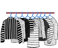 a row of black and white striped shirts hanging on a rack