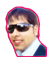 a man wearing sunglasses is smiling with a pink border around his face