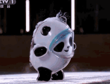 a panda bear wearing a mask and goggles is on a ice rink