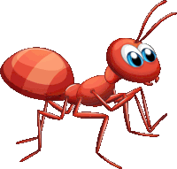 a cartoon illustration of a red ant with big blue eyes