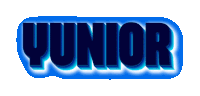 the word yunior is glowing in blue on a white background