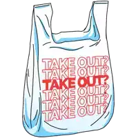 a plastic bag that says " take out " on it