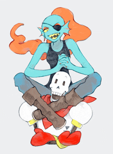 a drawing of a girl sitting on a skeleton