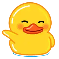 a yellow rubber duck with a red beak is waving its arm