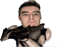 a man in armor is holding a gun with a white background